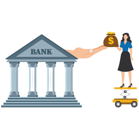 Businesswoman putting their money bags on top of bank outstretched hand  Illustration