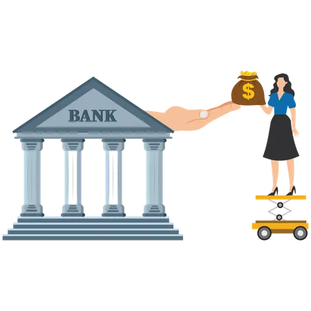 Businesswoman putting their money bags on top of bank outstretched hand  Illustration