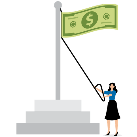 Businesswoman raising dollar flag  Illustration