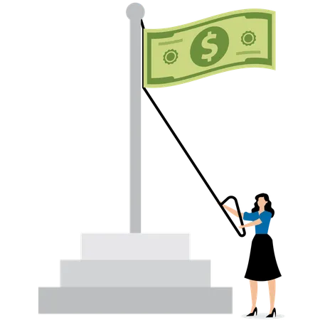 Businesswoman raising dollar flag  Illustration