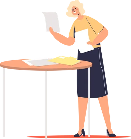 Cartoon Businesswoman Reading Documents And Business Papers Happy Smiling Female Secretary Or Manager With Office Paperwork Concept Flat Vector Illustration Illustration