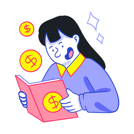 Businesswoman reading Financial Literacy book  Illustration