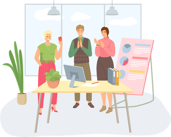 Businesswoman receives congratulations from their colleagues in office  Illustration