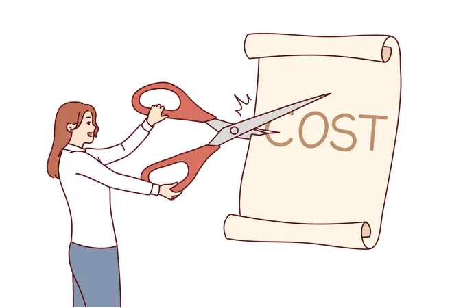 Businesswoman reduces cost to get more income and invest cuts paper with scissors  Illustration