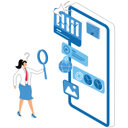 Businesswoman researches on Data analysis report  Illustration