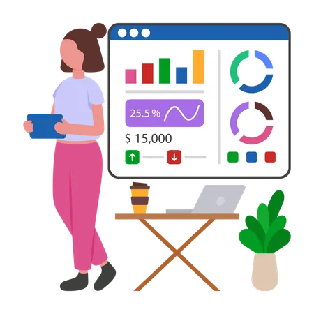 Businesswoman reviewing business Stats  Illustration