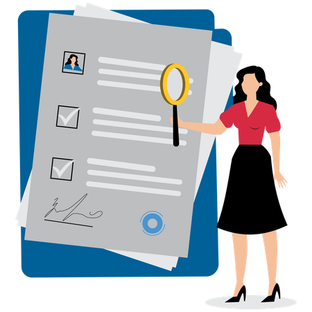 Businesswoman reviewing employee resumes  Illustration