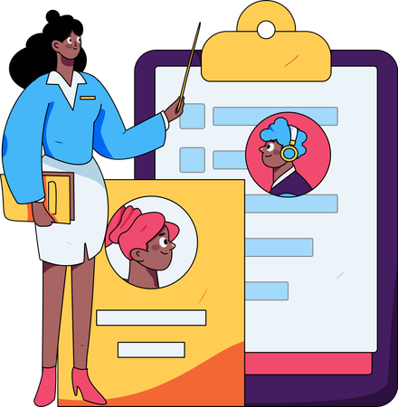 Businesswoman reviewing employee's profile  Illustration