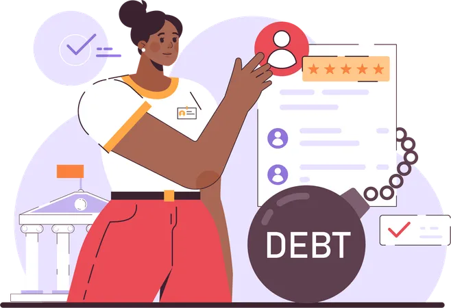 Businesswoman reviews at debt report  Illustration