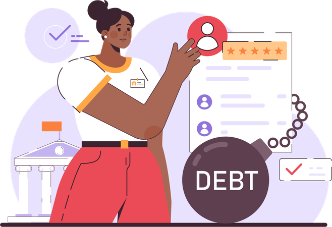 Businesswoman reviews at debt report  Illustration