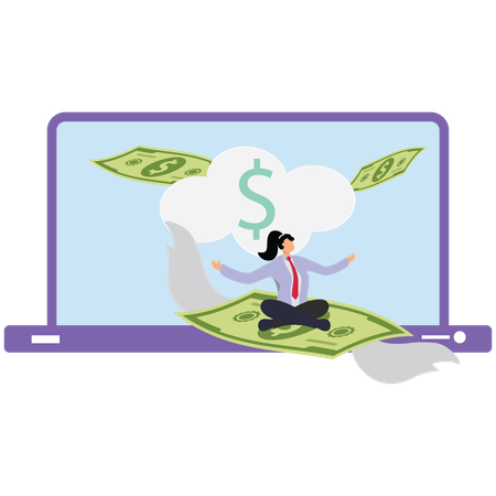 Businesswoman riding flying banknote from inside laptop  Illustration