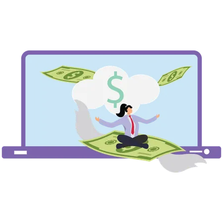 Businesswoman riding flying banknote from inside laptop  Illustration