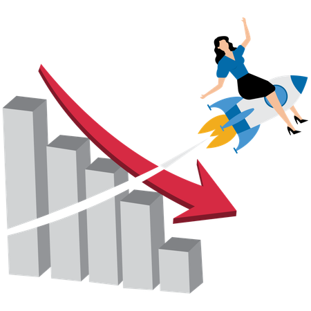 Businesswoman riding rocket breaking through falling down bar graph  Illustration