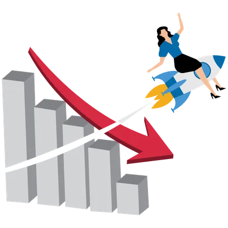 Businesswoman riding rocket breaking through falling down bar graph  Illustration