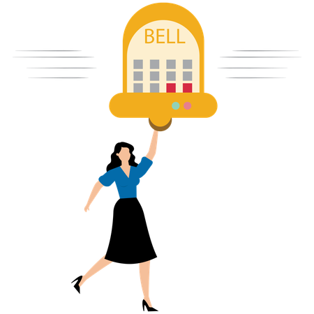 Businesswoman ringing the big bell with online promotion  Illustration