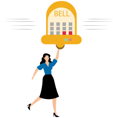Businesswoman ringing the big bell with online promotion  Illustration