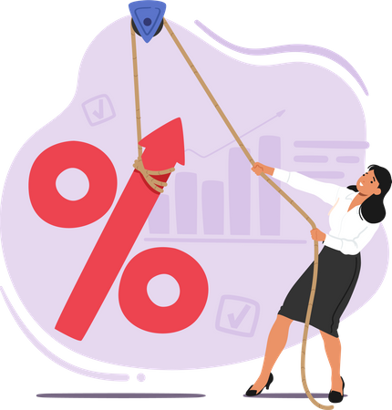 BusinessWoman Rising Up Huge Percent Sign on Rope  일러스트레이션