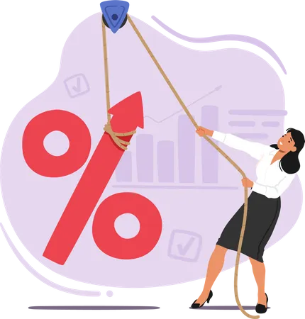 Business Woman Character Rising Up Huge Percent Sign On Rope Symbolizing Concept Of Interest Rate Hike Image Is Perfect For Finance Or Economy Related Content Cartoon People Vector Illustration Illustration