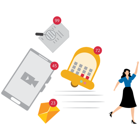 Businesswoman running away from ringing bell notifications  Illustration