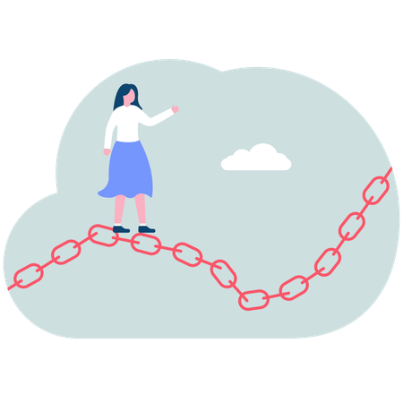 Businesswoman running on metal chains  Illustration