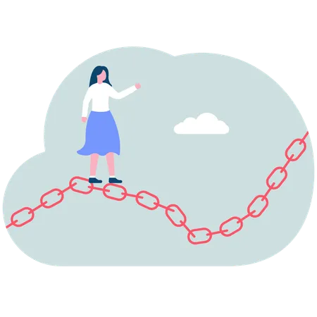 Businesswoman running on metal chains  Illustration