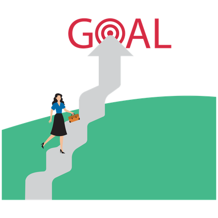 Businesswoman running on upward arrow into goal  Illustration