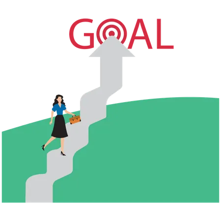 Businesswoman running on upward arrow into goal  Illustration