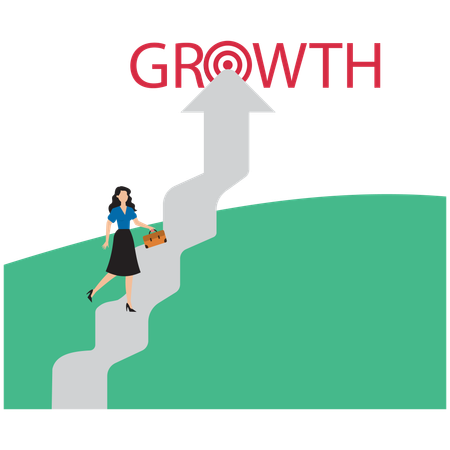 Businesswoman running on upward arrow into growth  Illustration