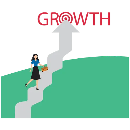 Businesswoman running on upward arrow into growth  Illustration