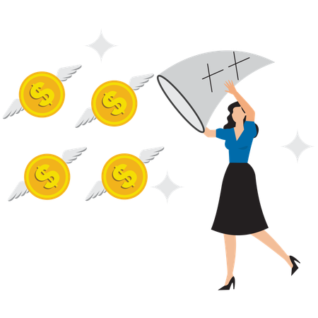 Businesswoman running to catch money  Illustration