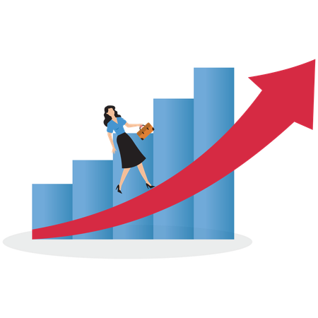 Businesswoman running to top of arrow graph  Illustration