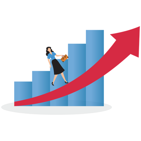 Businesswoman running to top of arrow graph  Illustration