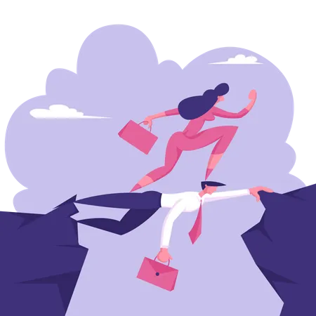 Businesswoman Careerist Walk On Head Of Colleague Concept Of Stop At Nothing Strongest Will Survive Business Woman Overcome Abyss By Back Of Businessman Like Bridge Cartoon Flat Vector Illustration Illustration