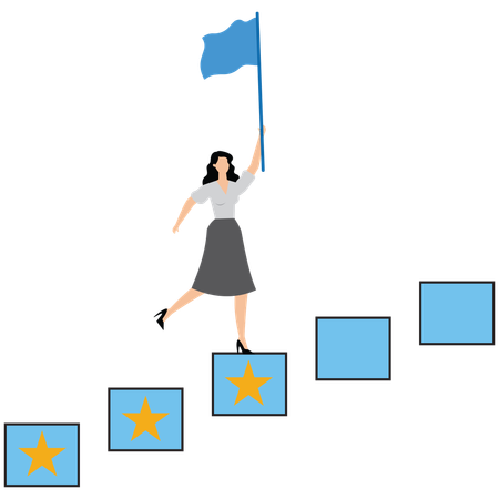 Businesswoman running up stairs of achievement while carrying flag  Illustration