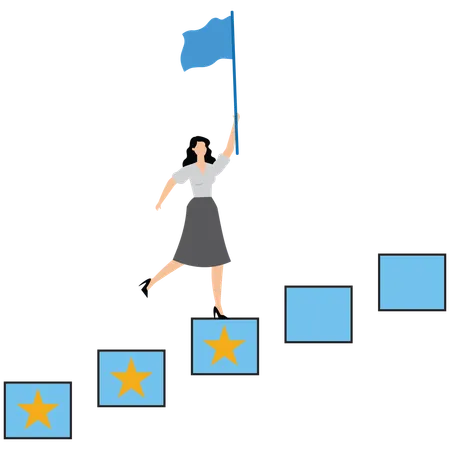 Businesswoman running up stairs of achievement while carrying flag  Illustration