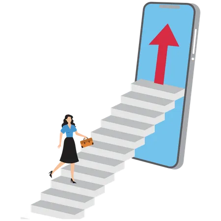 Businesswoman running up to stair graph  Illustration