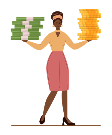 Businesswoman saves money in wallet  Illustration