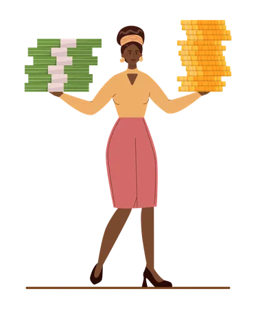 Black Businesswoman With Money Character Wearing Business Casual Clothing Holding A Money Stack With Coin Banknotes Cash Financial Well Being Flat Vector Illustration Illustration