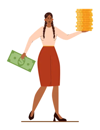 Native American Businesswoman With Money Character Wearing Business Casual Clothing Holding A Money Stack With Coin Banknotes Cash Financial Well Being Flat Vector Illustration Illustration