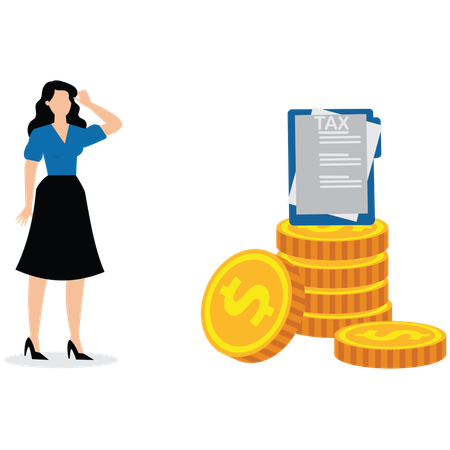 Businesswoman scratches his head looking at tax paper on top of coins  Illustration