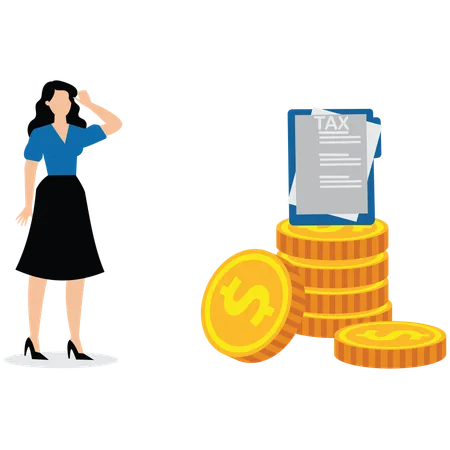 Businesswoman scratches his head looking at tax paper on top of coins  Illustration