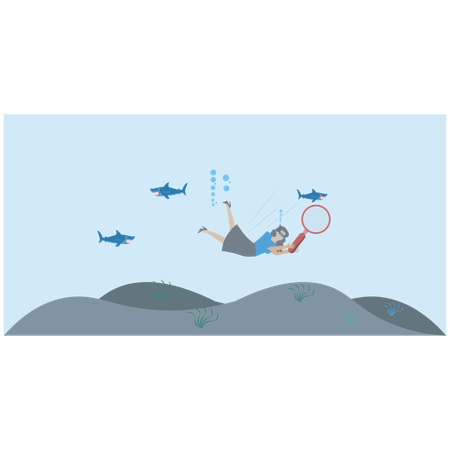 Businesswoman scuba diving in deep blue ocean with magnifying glass symbolizing deep dive analysis for market improvement  Illustration