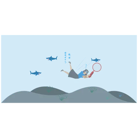 Businesswoman scuba diving in deep blue ocean with magnifying glass symbolizing deep dive analysis for market improvement  Illustration