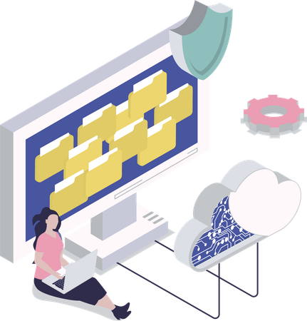 Businesswoman secures data on cloud  Illustration