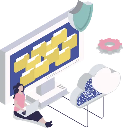 Businesswoman secures data on cloud  Illustration