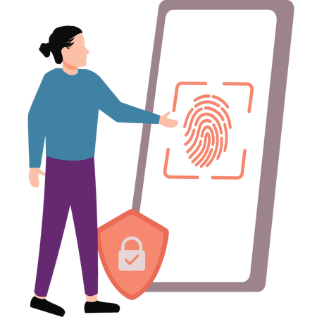 Businesswoman secures data through fingerprint recognition  Illustration