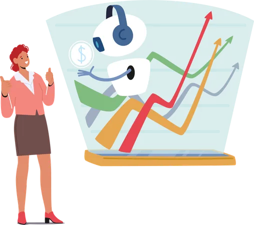 Professional Woman Integrates An Ai Assistant Into Her Business Routine Streamlining Tasks Enhancing Productivity And Staying Ahead With Cutting Edge Technology For Efficient Decision Making Vector Illustration