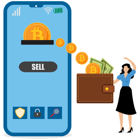 Businesswoman selling bitcoin currency on mobile  Illustration