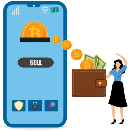 Businesswoman selling bitcoin currency on mobile  Illustration