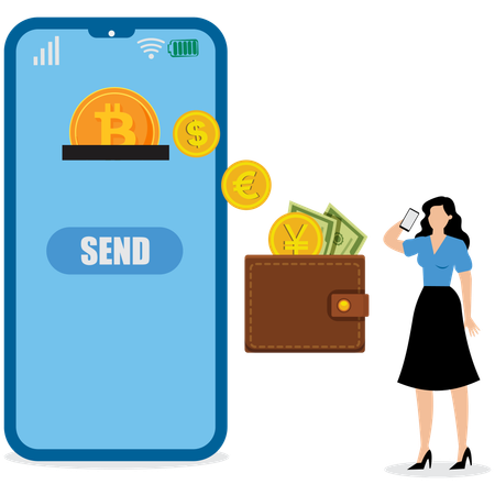 Businesswoman sending money from mobile  Illustration